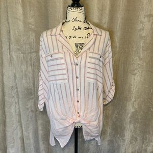 White Striped Button DownTunicTop 3/4 Sleeve Plus Size VINTAGE AMERICA 1X